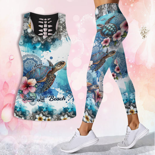 Débardeur et legging personnalisés Tortue marine Mandala Fleurs tropicales - Débardeur et legging ajourés Tortue ajourée personnalisés