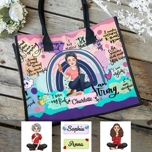 Sac fourre-tout en toile personnalisé avec affirmations positives pour prendre soin de soi