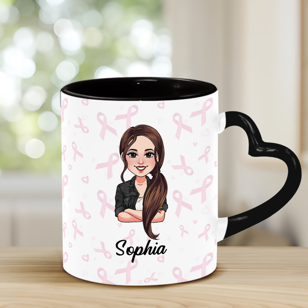 Dear Cancer You Picked The Wrong Bitch - Personalized Breast Cancer Awareness Heart Handle Mug