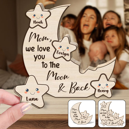 Nous vous aimons jusqu'à la lune et retour, mes petites étoiles - Puzzle en bois personnalisé en forme de maman