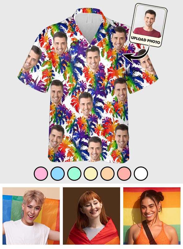 Chemise hawaïenne personnalisée « Fierté LGBT » avec des feuilles de palmier colorées