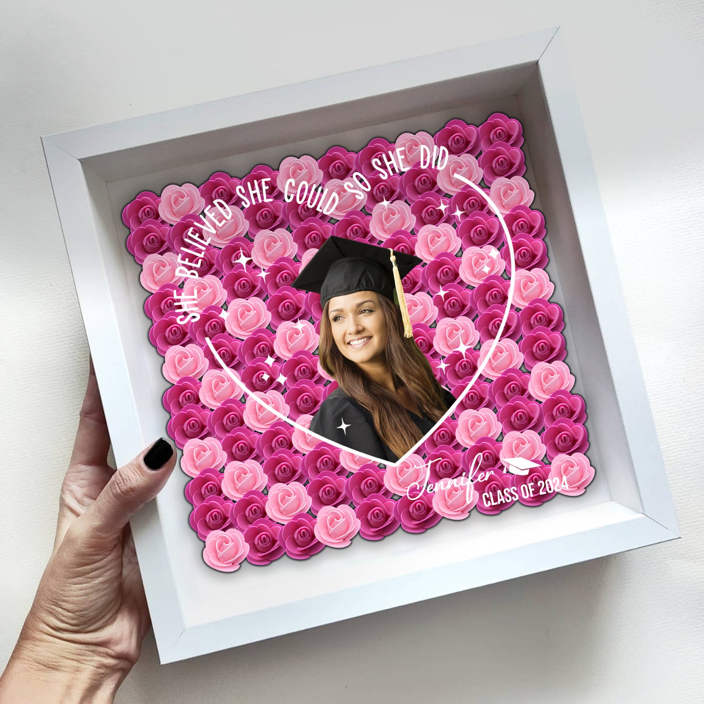 They Believed They Could So They Did - Personalized Graduation Custom Shaped Flower Shadow Box