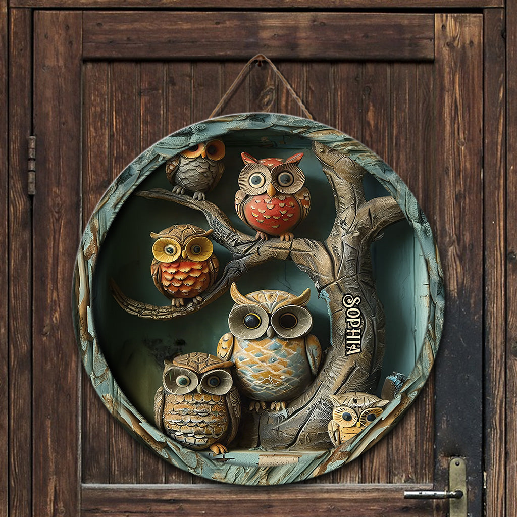 Hibou vintage - Panneau rond en bois personnalisé avec hibou