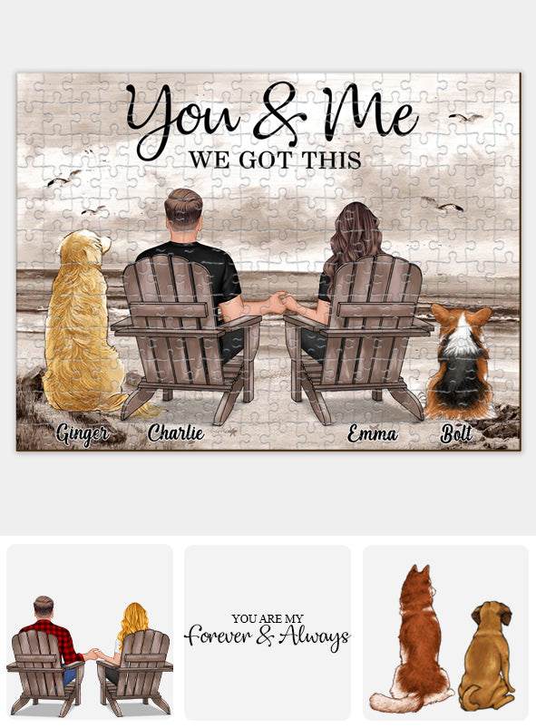Couple avec chiens, paysage de plage, style rétro vintage - Puzzle personnalisé pour couple