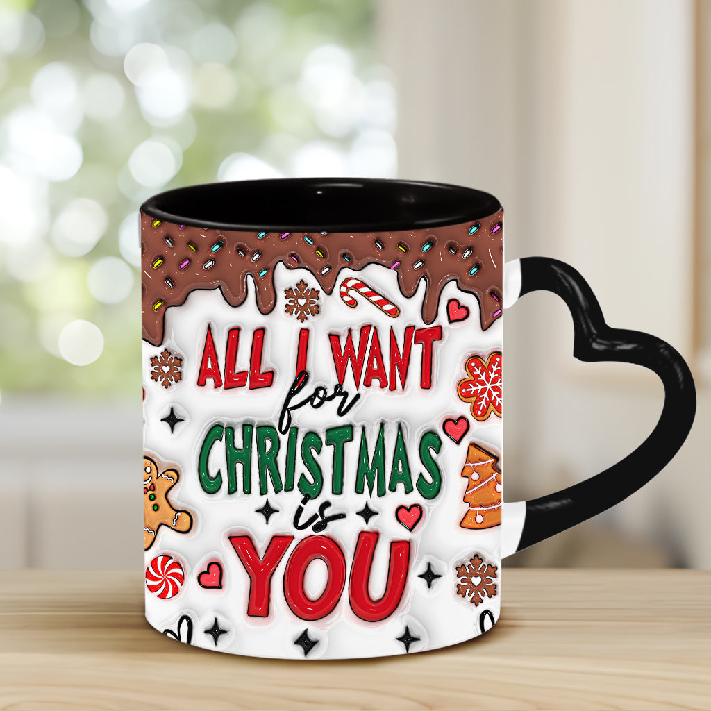 Tout ce que je veux pour Noël, c'est toi - Mug personnalisé pour couple avec anse en forme de cœur