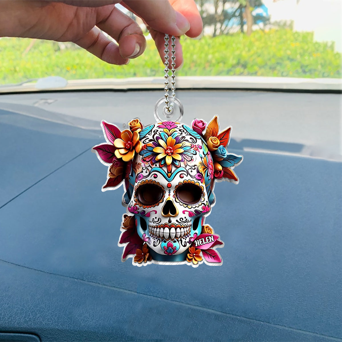 Crâne de sucre floral - Ornement de voiture personnalisé en forme de crâne.