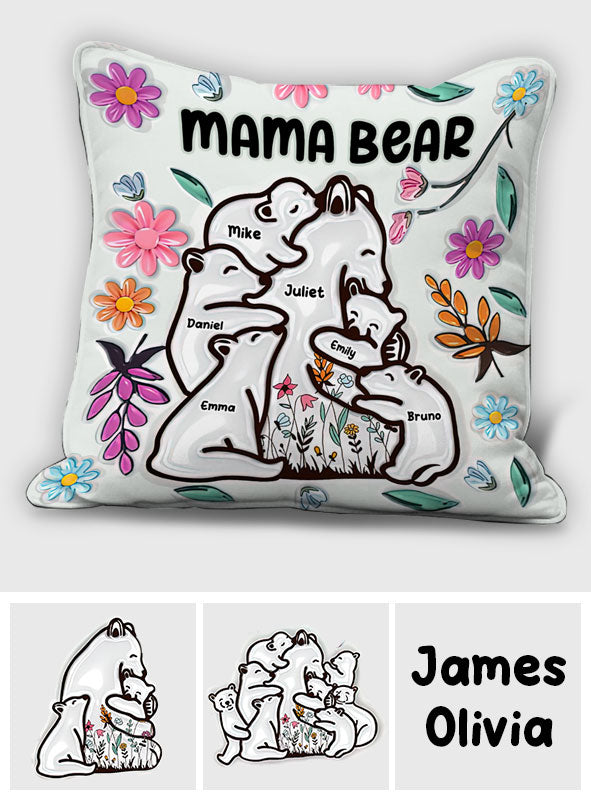 Coussin décoratif personnalisé « Maman ours câlinant ses petits » style floral