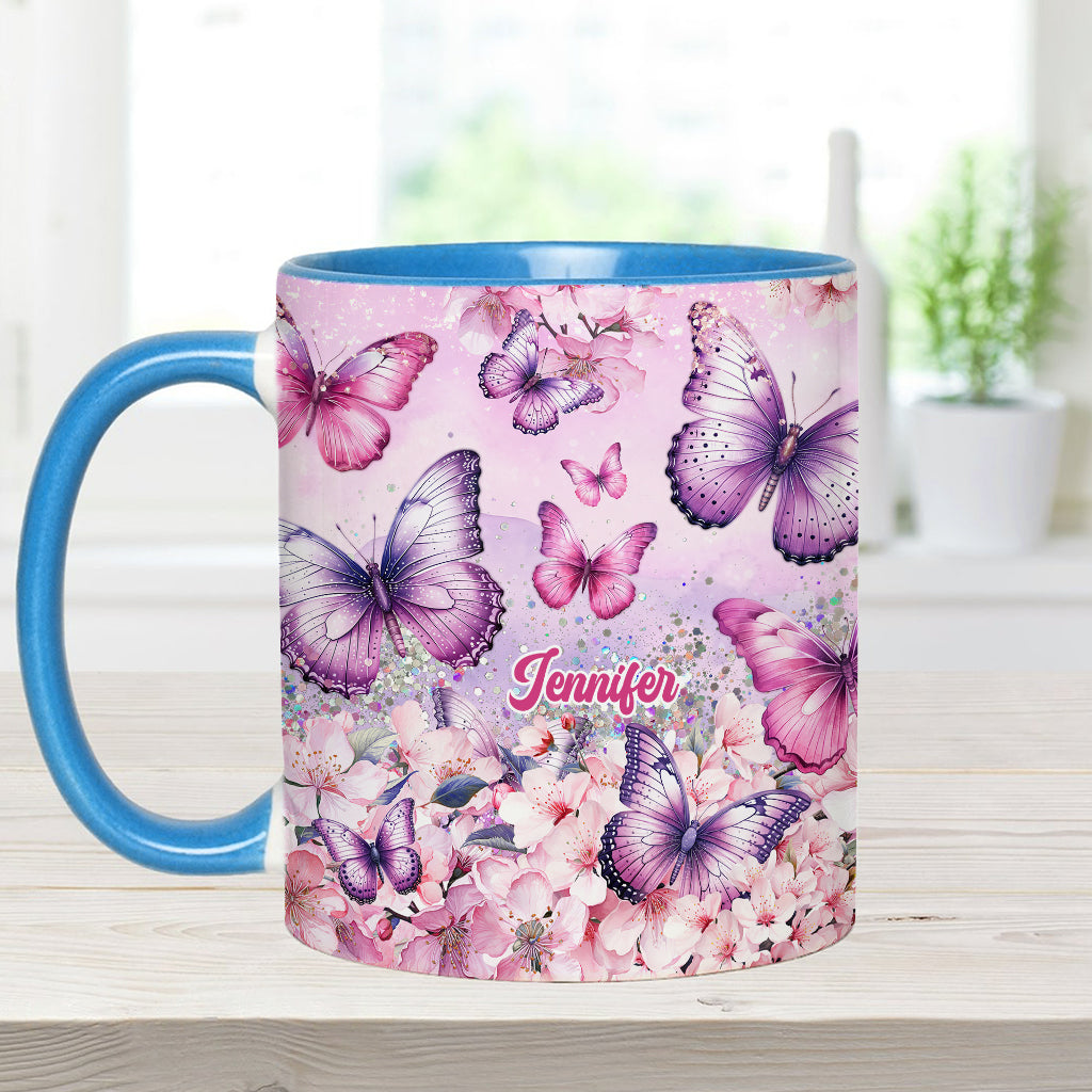 Mug personnalisé à motif papillon rose et floral