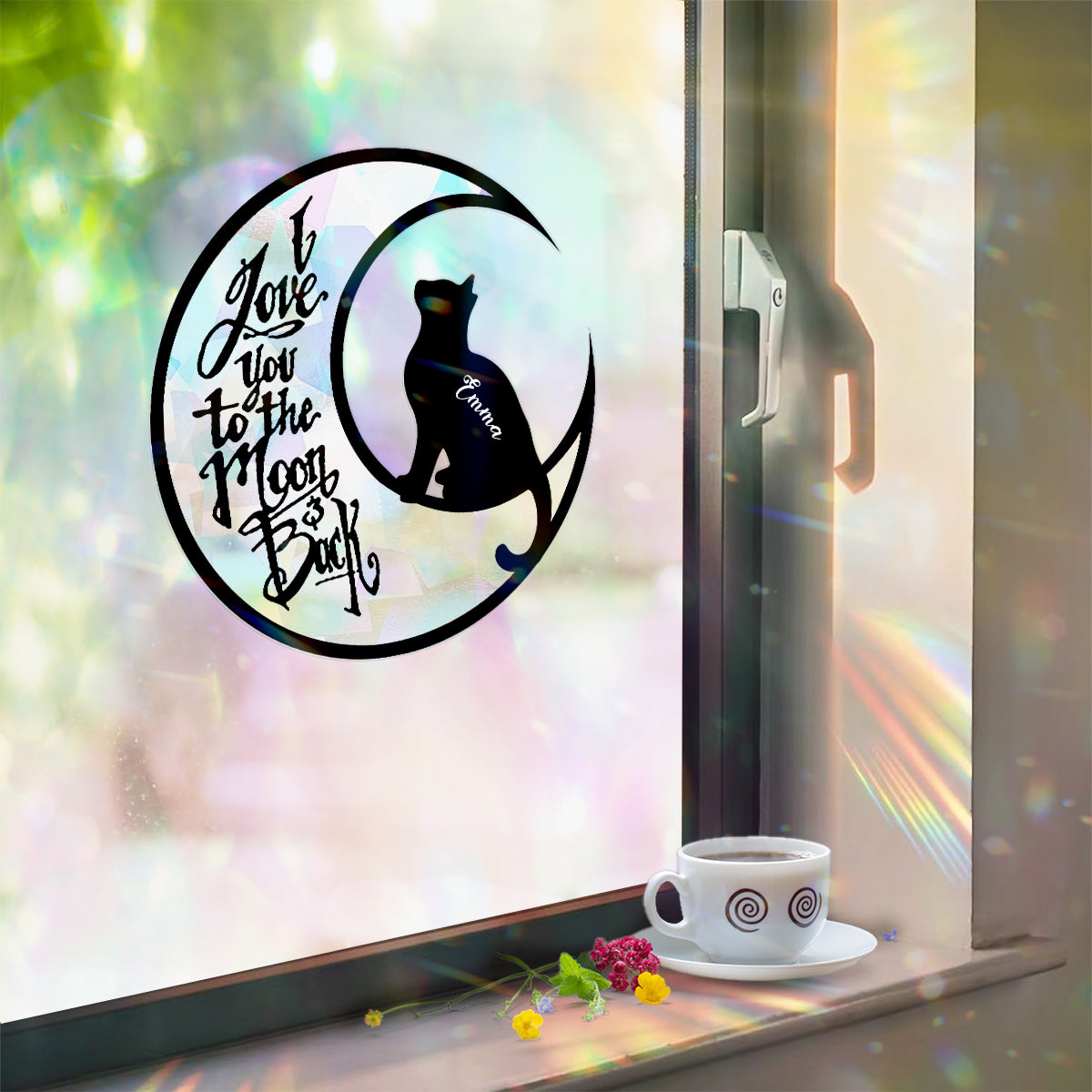 Je t'aime jusqu'à la lune et retour - Autocollant attrape-soleil chat personnalisé