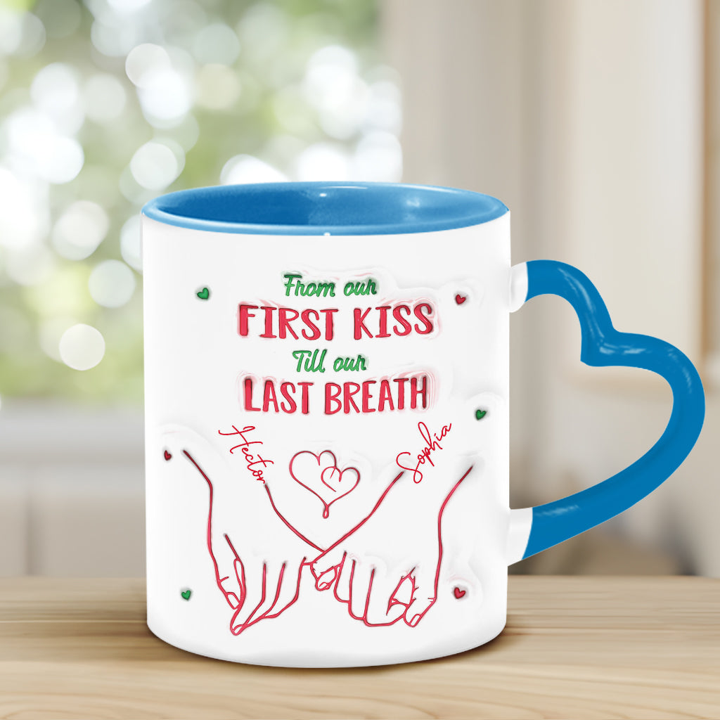 De notre premier baiser à notre dernier souffle - Mug personnalisé pour couple avec anse en forme de cœur