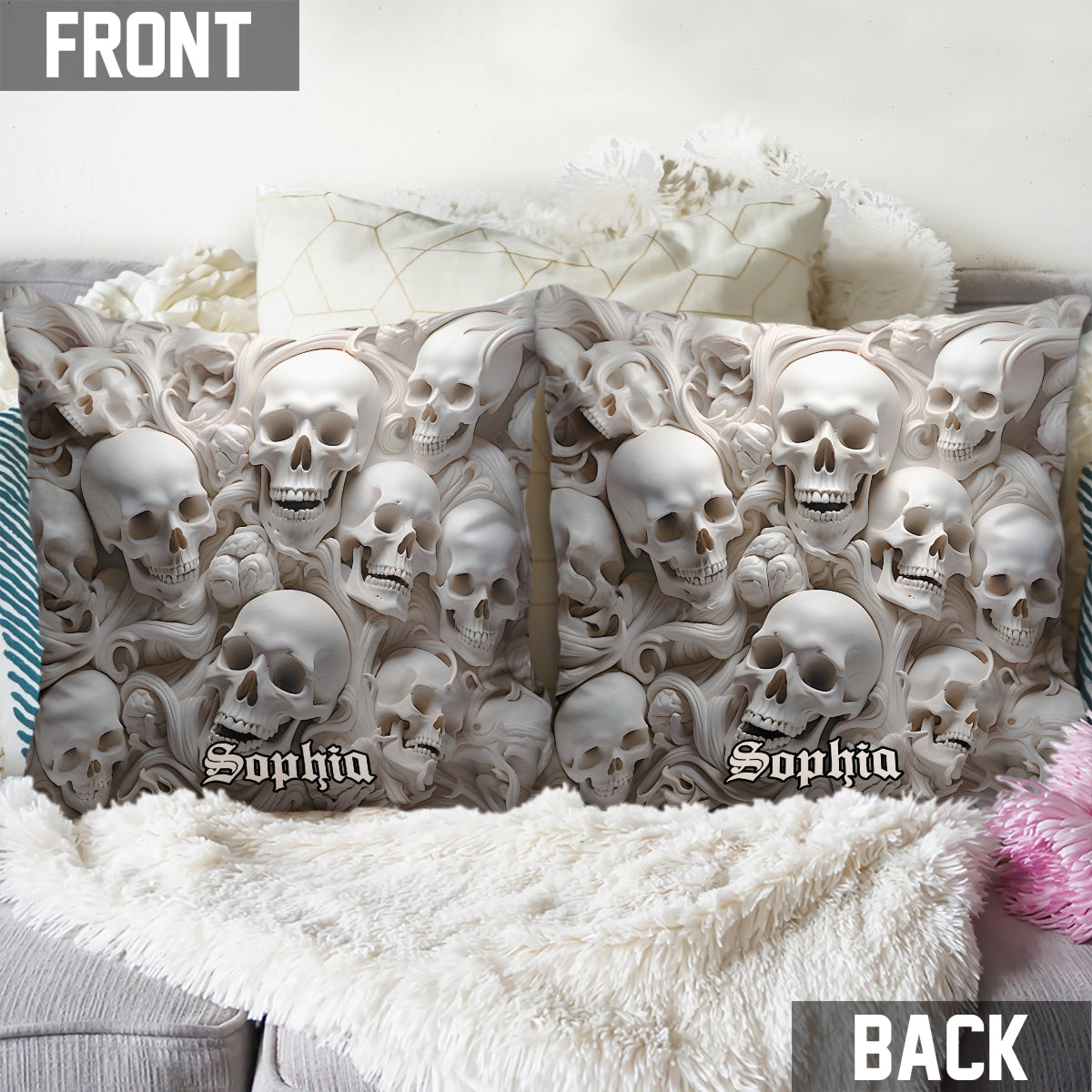 Coussin décoratif personnalisé en forme de crâne White Bones