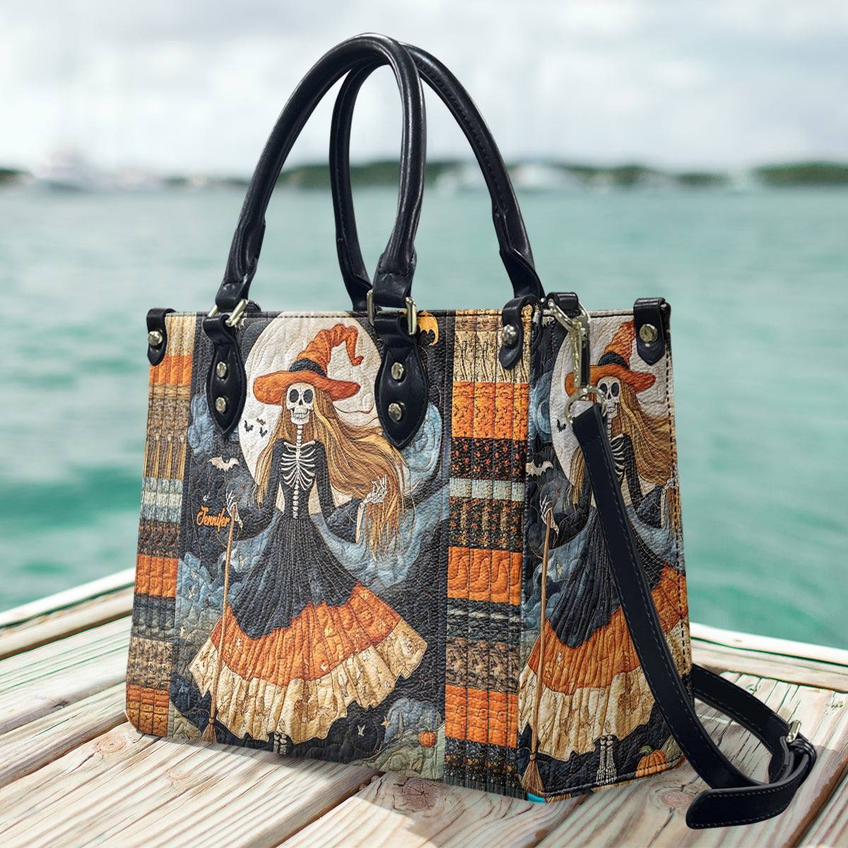 Magnifique sac à main en cuir personnalisé avec crâne de sorcière