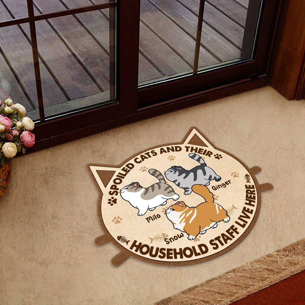 Spoiled Cats And Their Household Staff Live Here - Personalized Cat Shaped Doormat