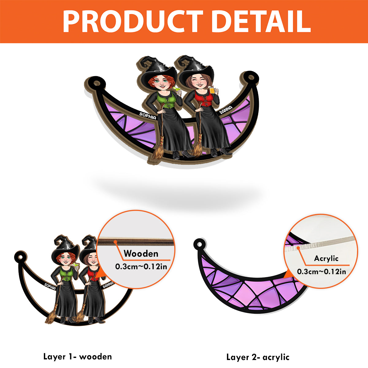 Witches Sitting On The Moon - Personalized Bestie 2 Layered Window Hanging Suncatcher