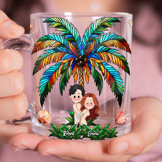 Je t'aime à la folie, couple heureux sous un palmier - Mug en verre personnalisé pour couple
