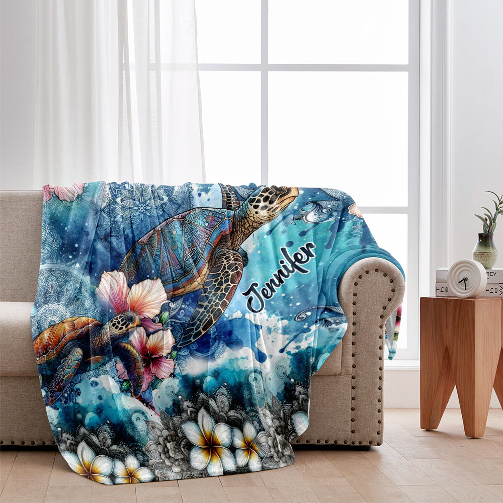 Couverture personnalisée Tortue marine Mandala Fleurs tropicales - Couverture Tortue