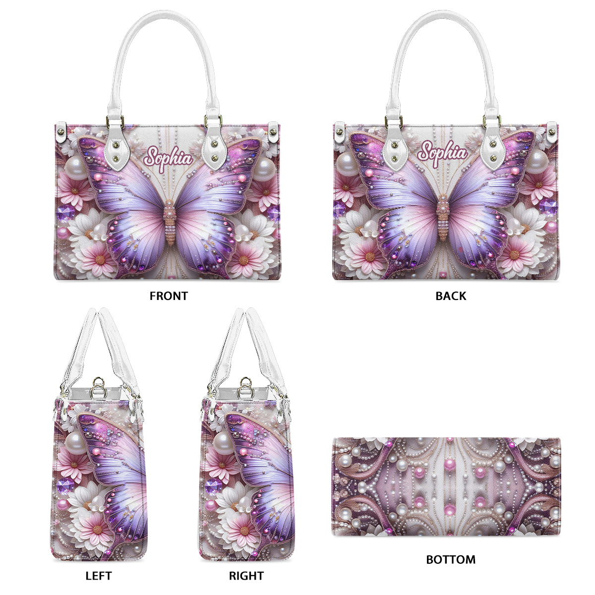 Sac à main en cuir personnalisé à motif papillons et fleurs