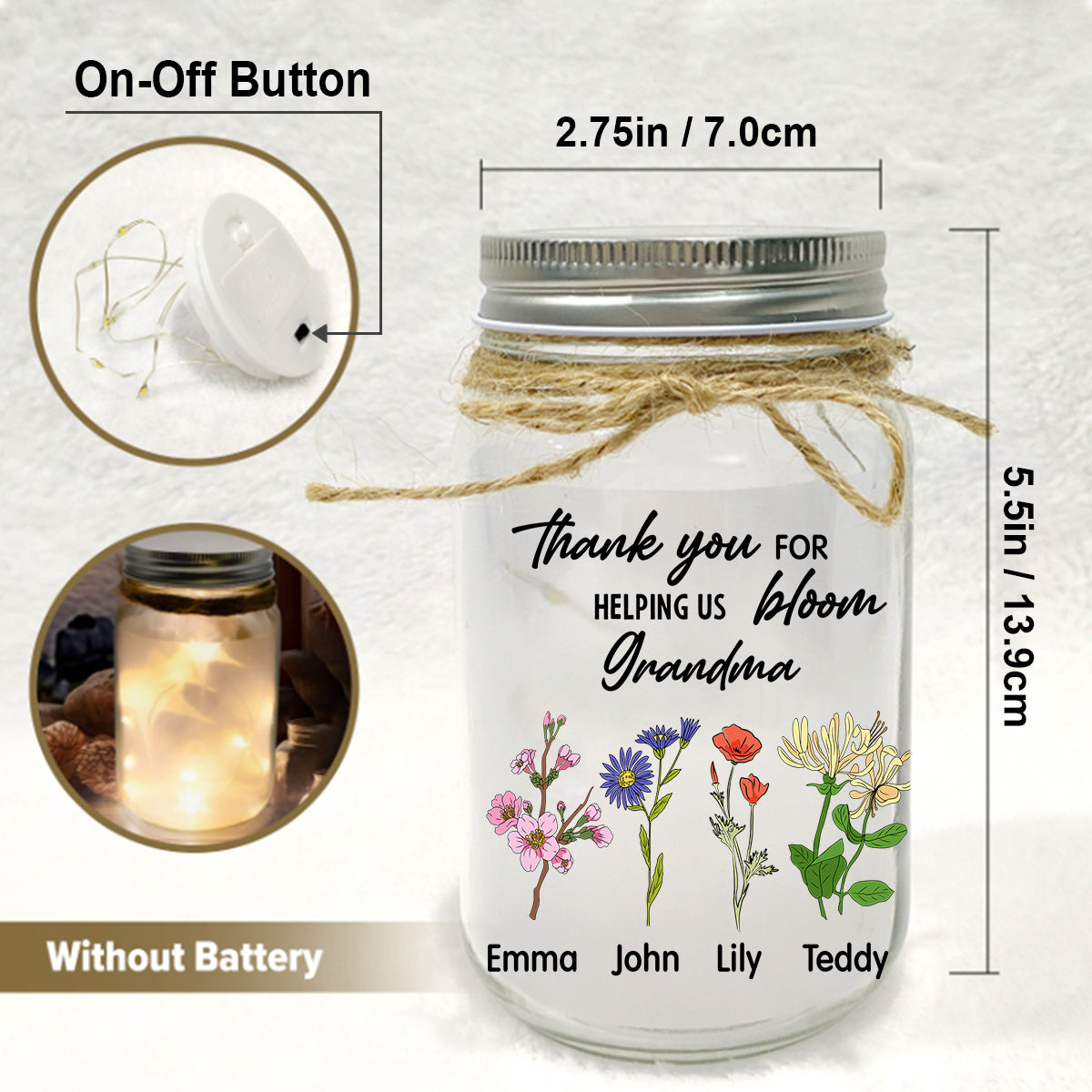 Merci de nous avoir aidés à nous épanouir - Lampe personnalisée pour bocal Mason « Grand-mère »