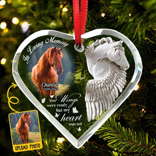 En souvenir de Cheval ailé - Ornement en verre personnalisé en forme de cœur représentant un cheval