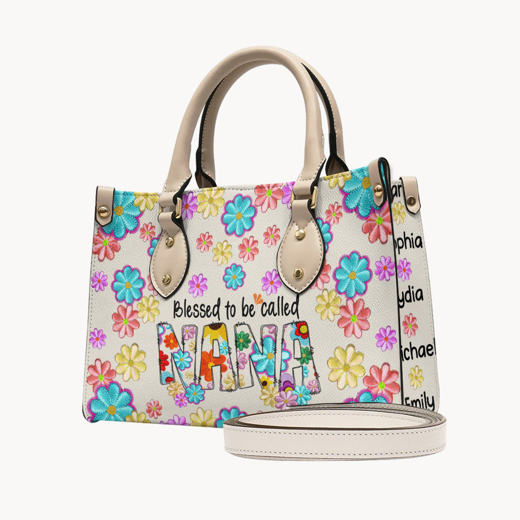 Sac à main en cuir personnalisé « Bénie d'être appelée Nana » à motif floral