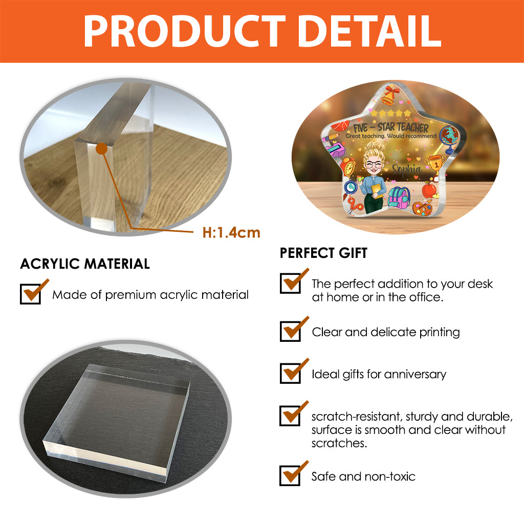 Professeur cinq étoiles - Plaque acrylique personnalisée pour enseignant