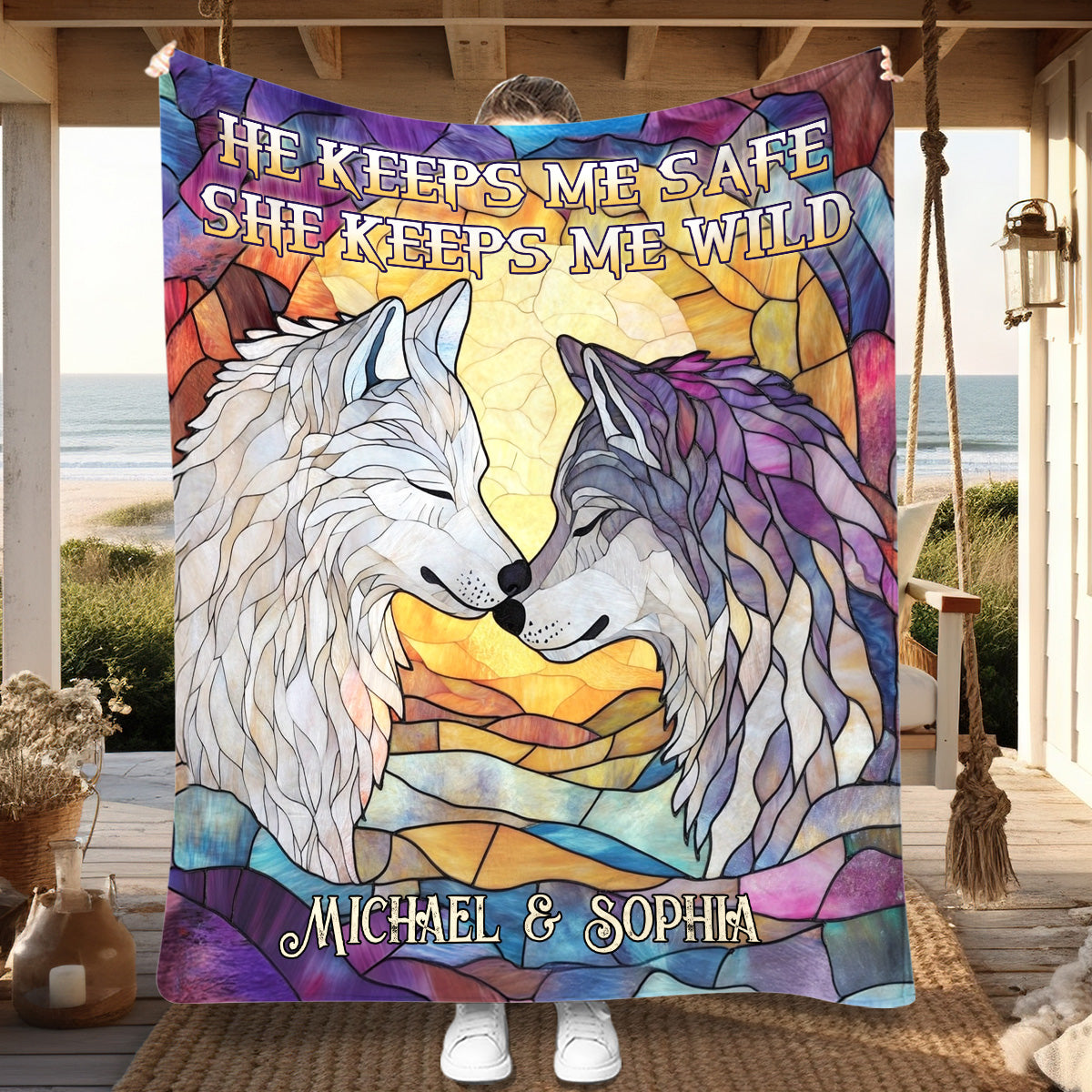 Loup Il me protège Elle me garde sauvage - Couverture personnalisée pour couple