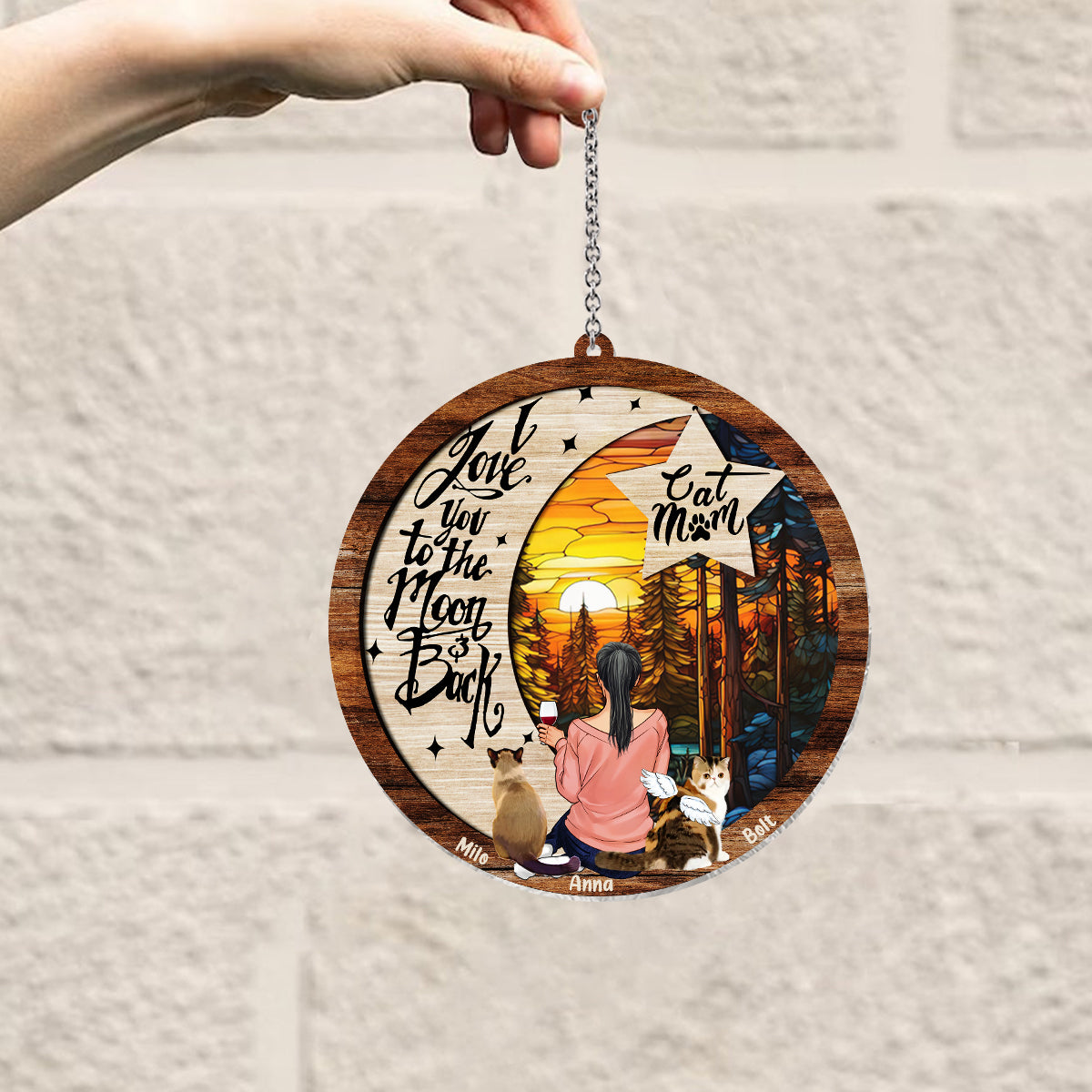 Je t'aime jusqu'à la lune et retour - Décoration attrape-soleil personnalisée pour fenêtre avec un chien