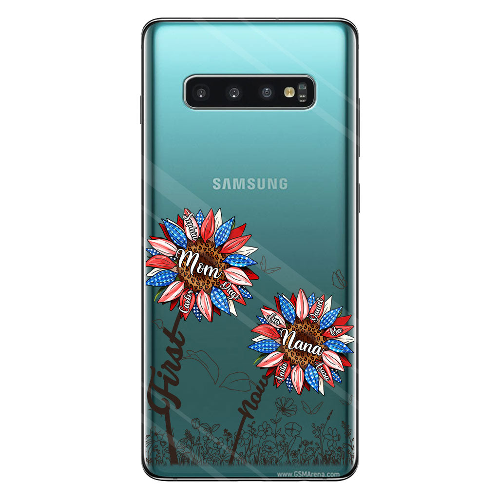 Première maman, maintenant grand-mère - Version Tournesol - Coque de téléphone transparente personnalisée pour grand-mère