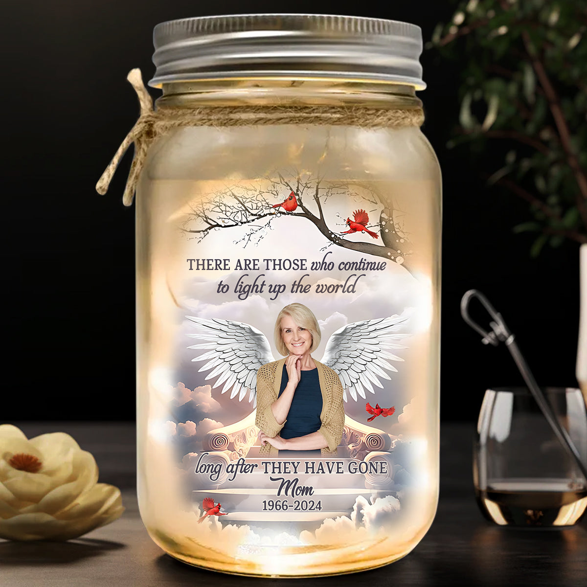 Illuminez le monde - Cadeau de condoléances personnalisé - Bocal Mason lumineux commémoratif
