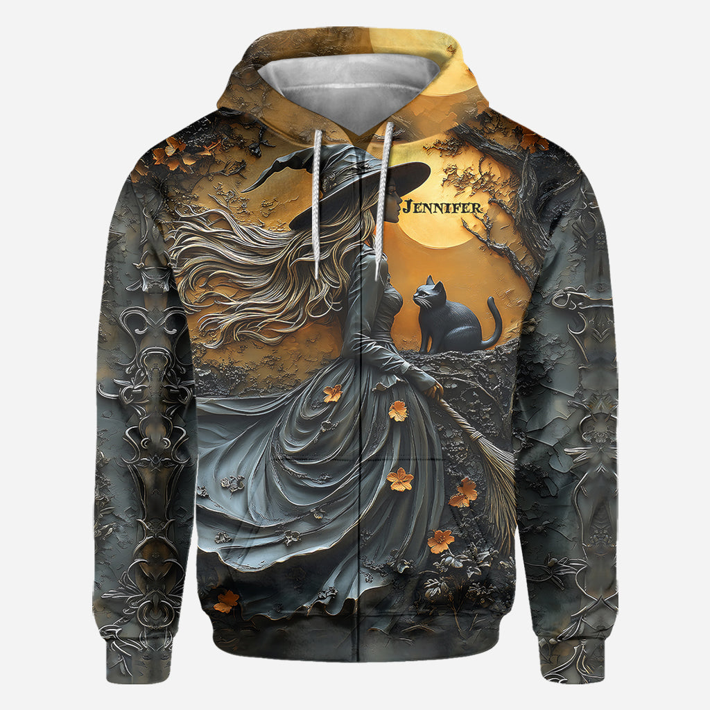 Belle sorcière et son chat noir - T-shirt personnalisé sorcière intégrale