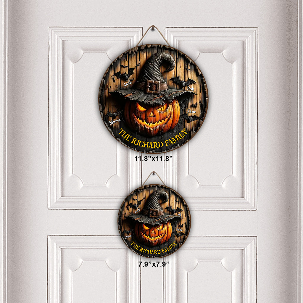 Witch Pumpkin Family - Personalized Family Round Wood Sign