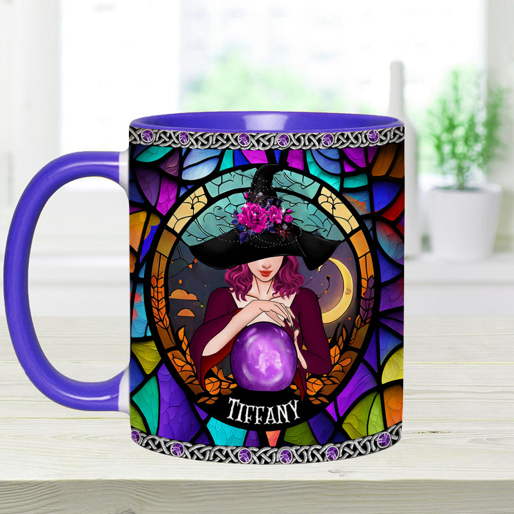 Mug personnalisé à motif sorcière, en vitrail violet mystique