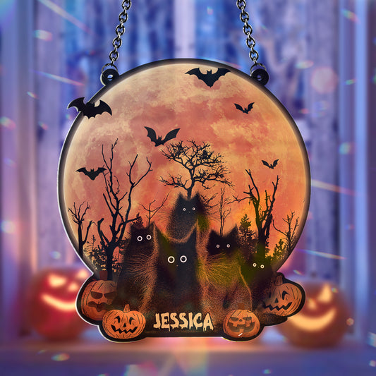 Black Cat Halloween Moon - Personalized Black Cat Window Hanging Suncatcher Ornament