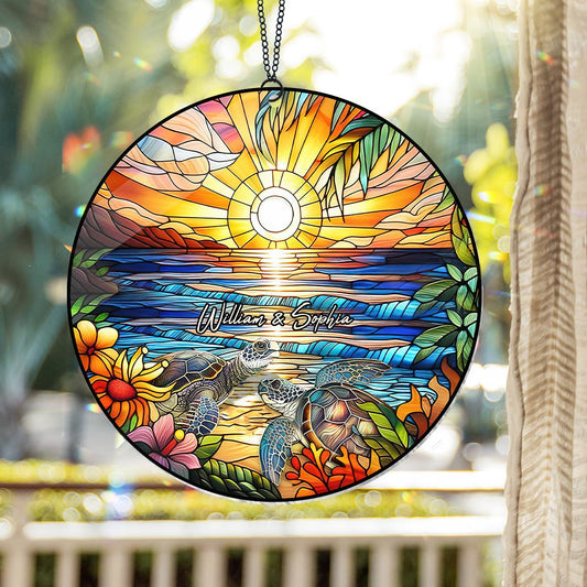 Coucher de soleil romantique - Ornement attrape-soleil tortue personnalisé à suspendre à la fenêtre 