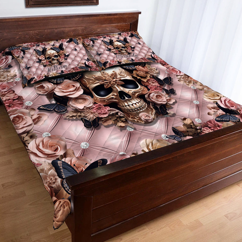 Crâne rose et papillons noirs - Ensemble de courtepointe personnalisé à motif crâne