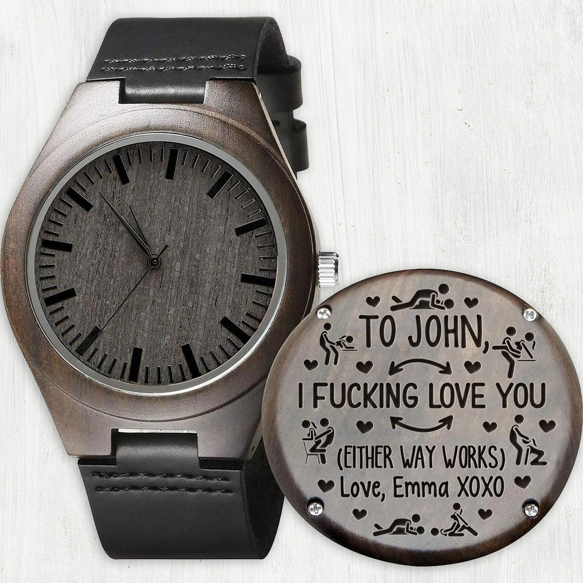 Je t'aime - Montre en bois gravée personnalisée pour couple