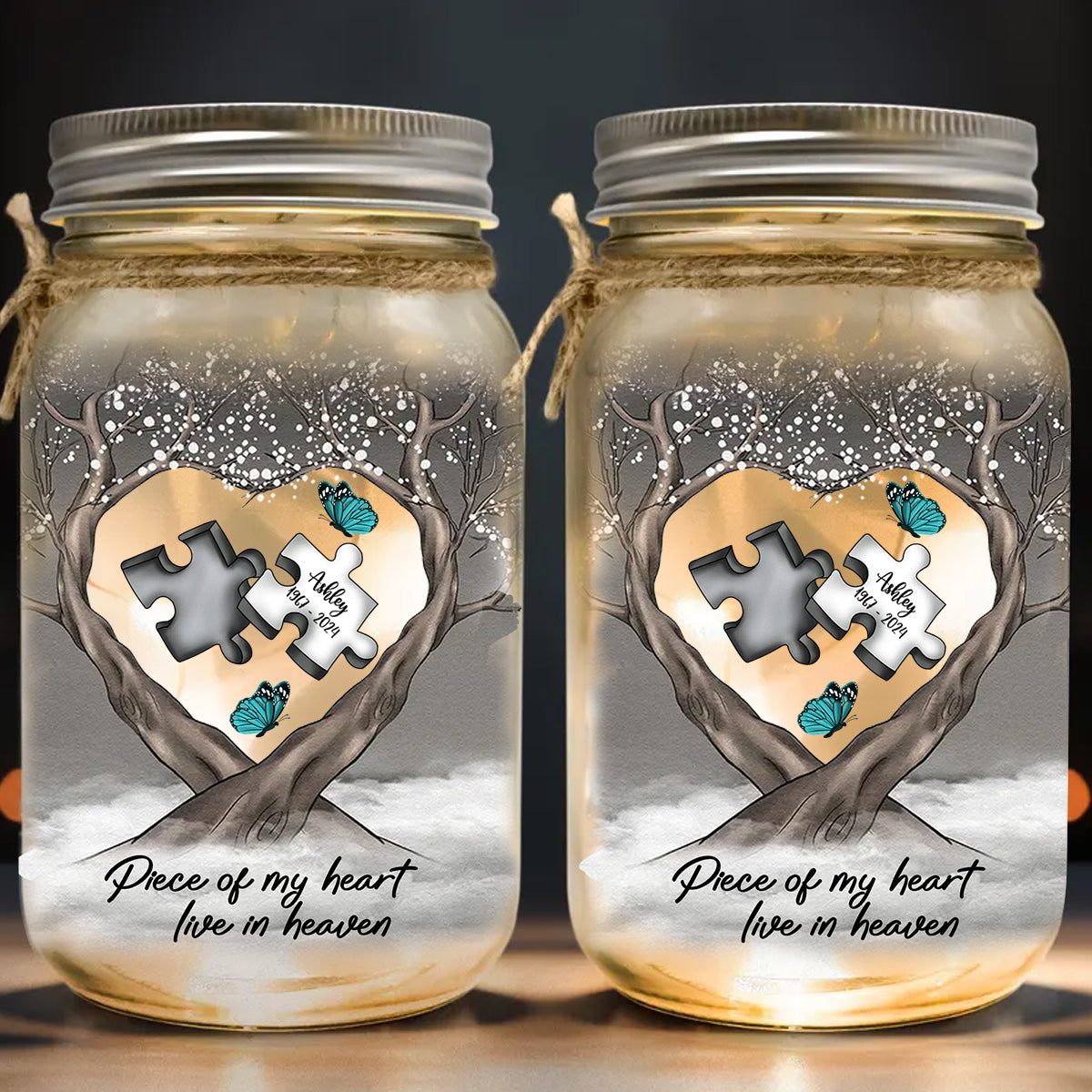 Lampe commémorative personnalisée en forme de bocal Mason, libellule et papillon - Plume céleste