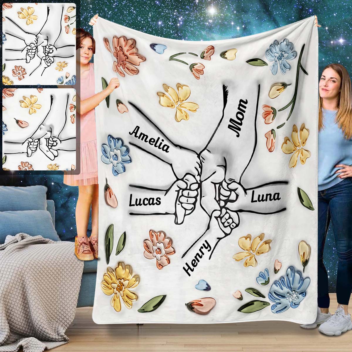 Couverture personnalisée « Mains aimantes de maman tenant des fleurs pastel »