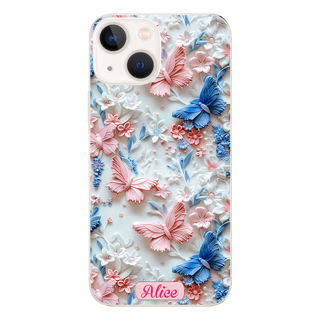 Coque de téléphone transparente personnalisée avec papillons roses et bleus