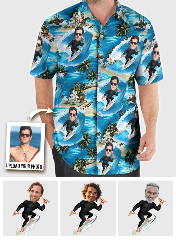 Chemise hawaïenne de surf personnalisée avec caricature humoristique à partir de n'importe quelle photo