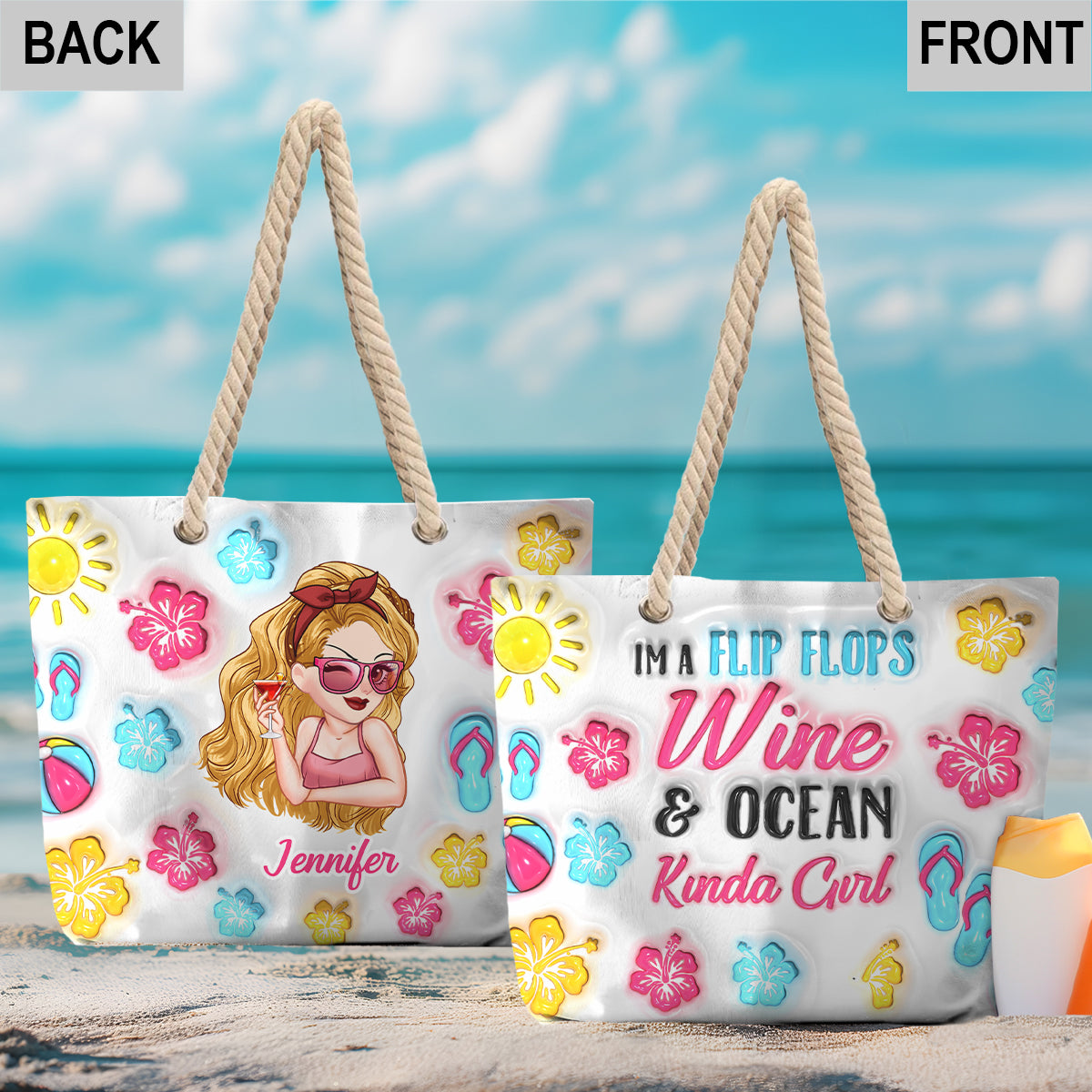 Je suis une fille en tongs et amoureuse de l'océan - Sac de plage personnalisé pour les passionnées de la mer