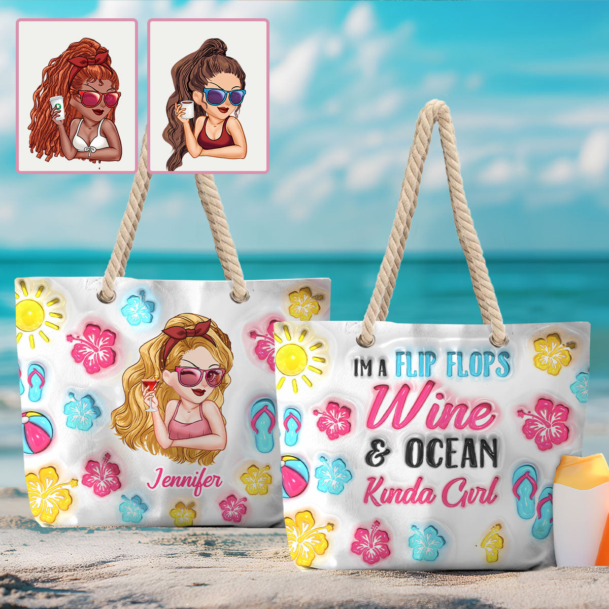 Je suis une fille en tongs et amoureuse de l'océan - Sac de plage personnalisé pour les passionnées de la mer