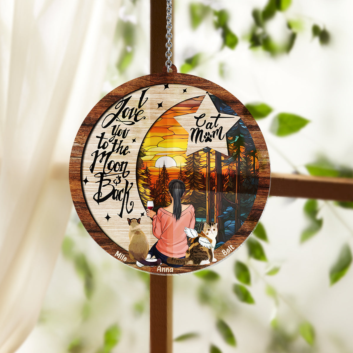 Je t'aime jusqu'à la lune et retour - Décoration attrape-soleil personnalisée pour fenêtre avec un chien