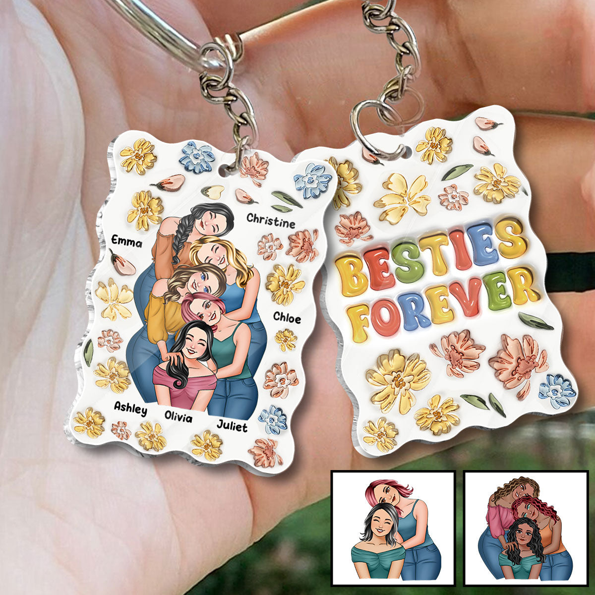 Porte-clés personnalisé « Meilleures amies pour toujours » style floral - Porte-clés personnalisé « Meilleures amies pour toujours »