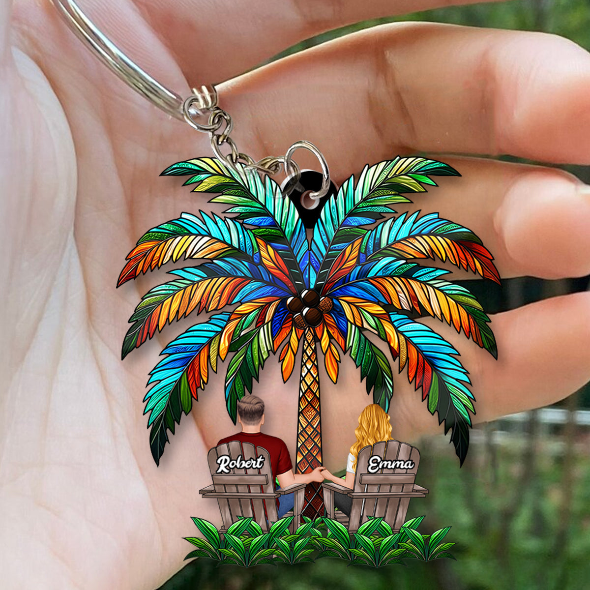 Sous le palmier, couple heureux - Porte-clés personnalisé pour couple.