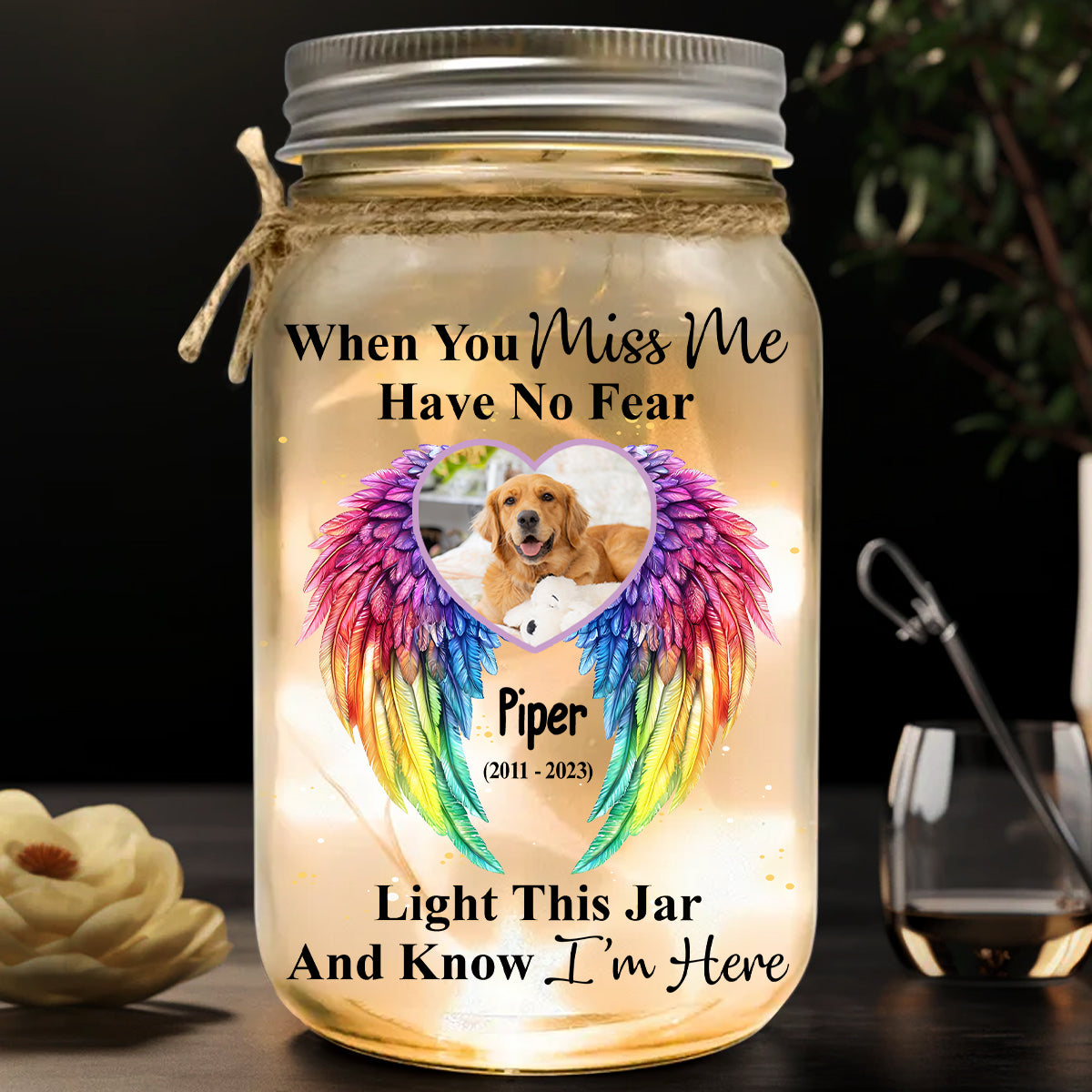 Quand tu me manques, n'aie pas peur - Lampe personnalisée pour bocal Mason en forme de chien