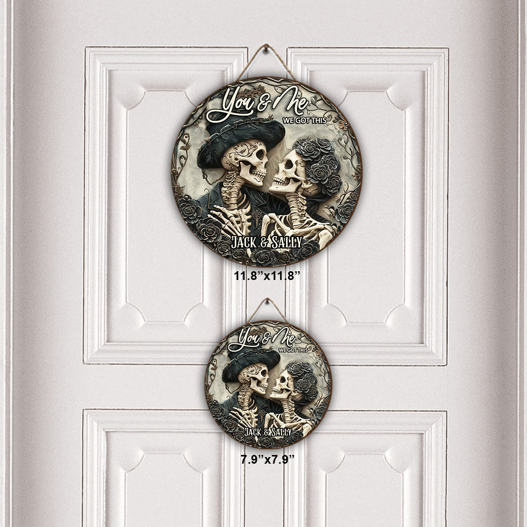 Toi et moi - Panneau rond en bois personnalisé en forme de crâne