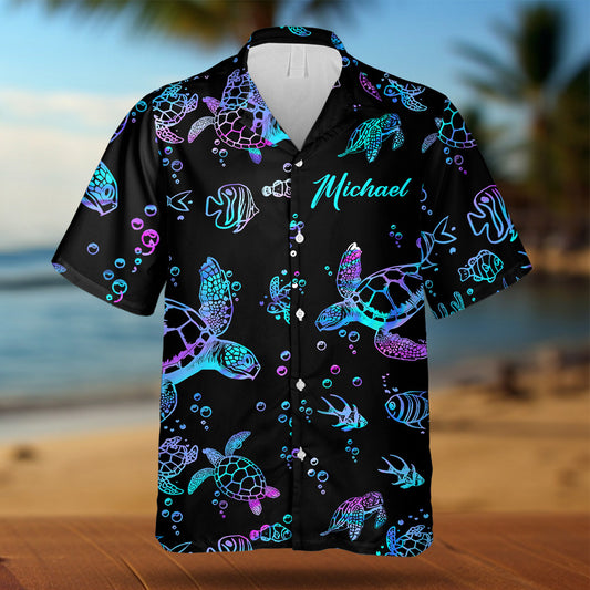 Amoureux de la plage et des tortues hologrammes - Chemise hawaïenne personnalisée à motif tortue