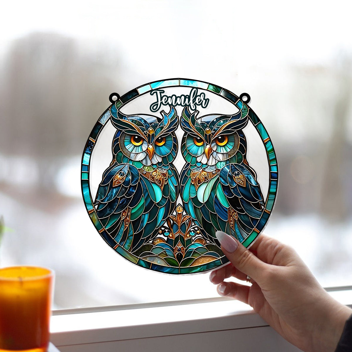 Magnifiques hiboux - Ornement attrape-soleil hibou personnalisé à suspendre à la fenêtre 