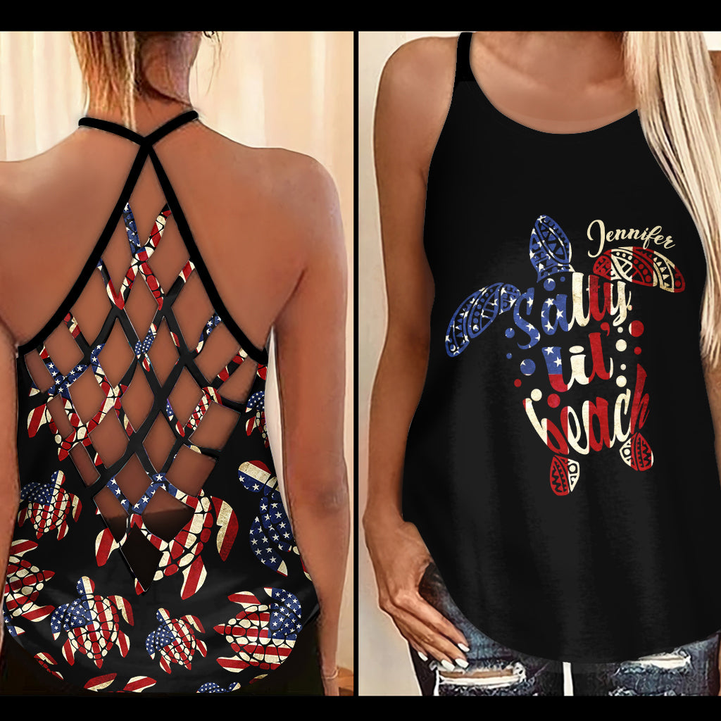 Salty Lil Beach 4th Of July Flag - Personalized Turtle Cross Tank Top